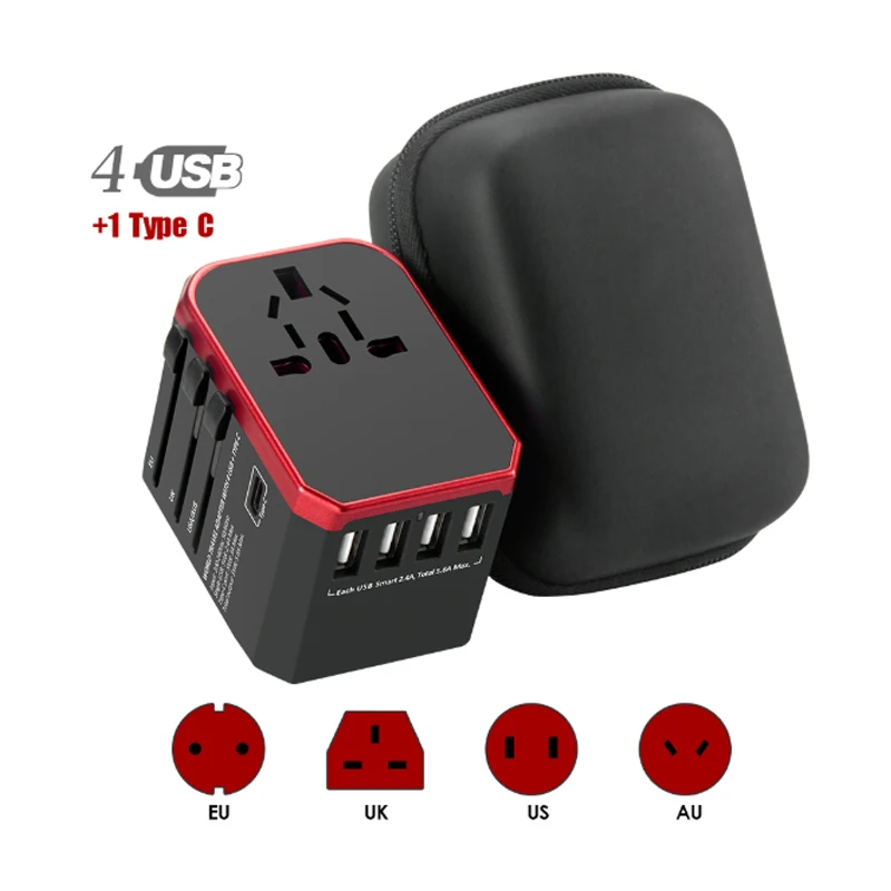 

Travel USB Adapter Universal Power for Cellphone 4 USB AC Worldwide US, EU, UK, AU Plugs and Type-C usb