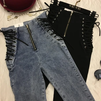 

2019 spring New Jeans Ankle-length Pants Women Fashion Europe Hot Sale Lace-Up Bowknot Slim Pencil Pants Stylish Panter Female