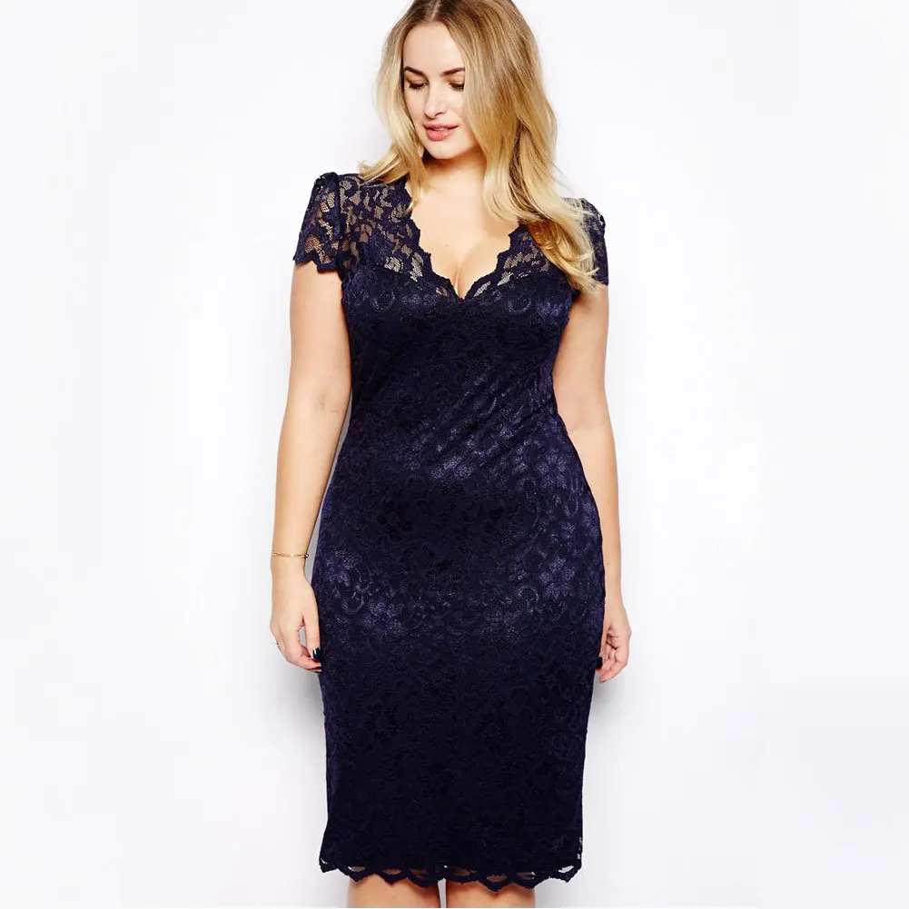 

Anself Fashion Women Midi Dress V-Neck Plus Size Floral Lace Dress 2019 Summer Bodycon Pencil Dress Dark Blue Vestidos Festa