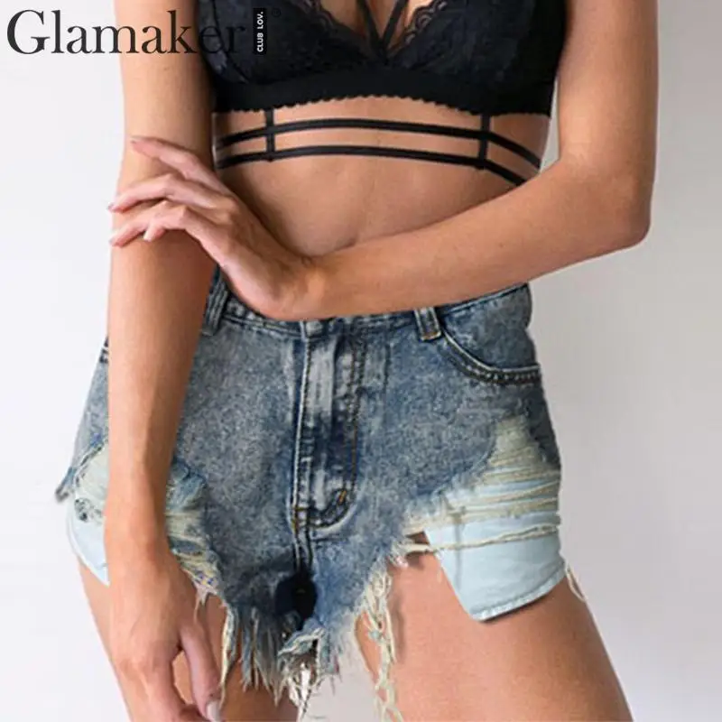 

Glamaker Denim tassel hole shorts women Sexy pocket summer jeans shorts Female spring streetwear casual beach high waist shorts