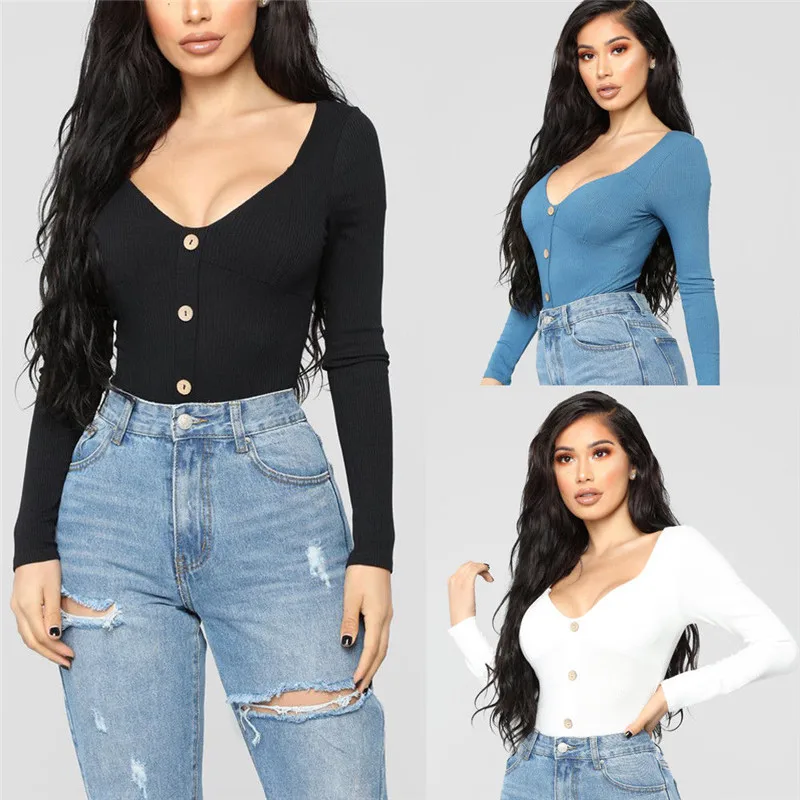 Women Sexy solid rompers bodysuits New Fashion Stretch Buttons Slim