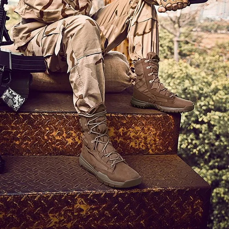 

Leather Lacing Mens Hiking Training Combat Tactical Boots Outdoor Climbing Camping Hunting Shooting Breathable Desert High Shoes