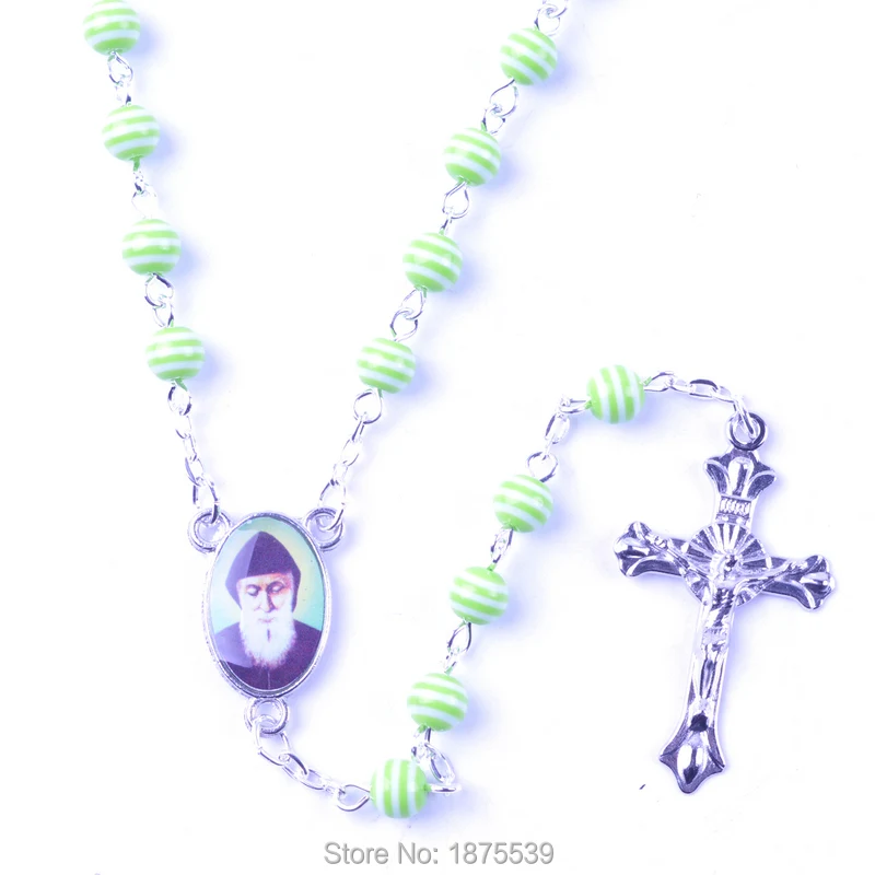 Green Resin Bead Rosary Necklace Center One Side Charbel Another Mother Mary | Украшения и аксессуары