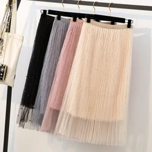 3XL Большие размеры плиссированные юбки перо сетка из бисера Завышение элегантный юбка Для женщин высокое качество большие свободные Демисезонный дно