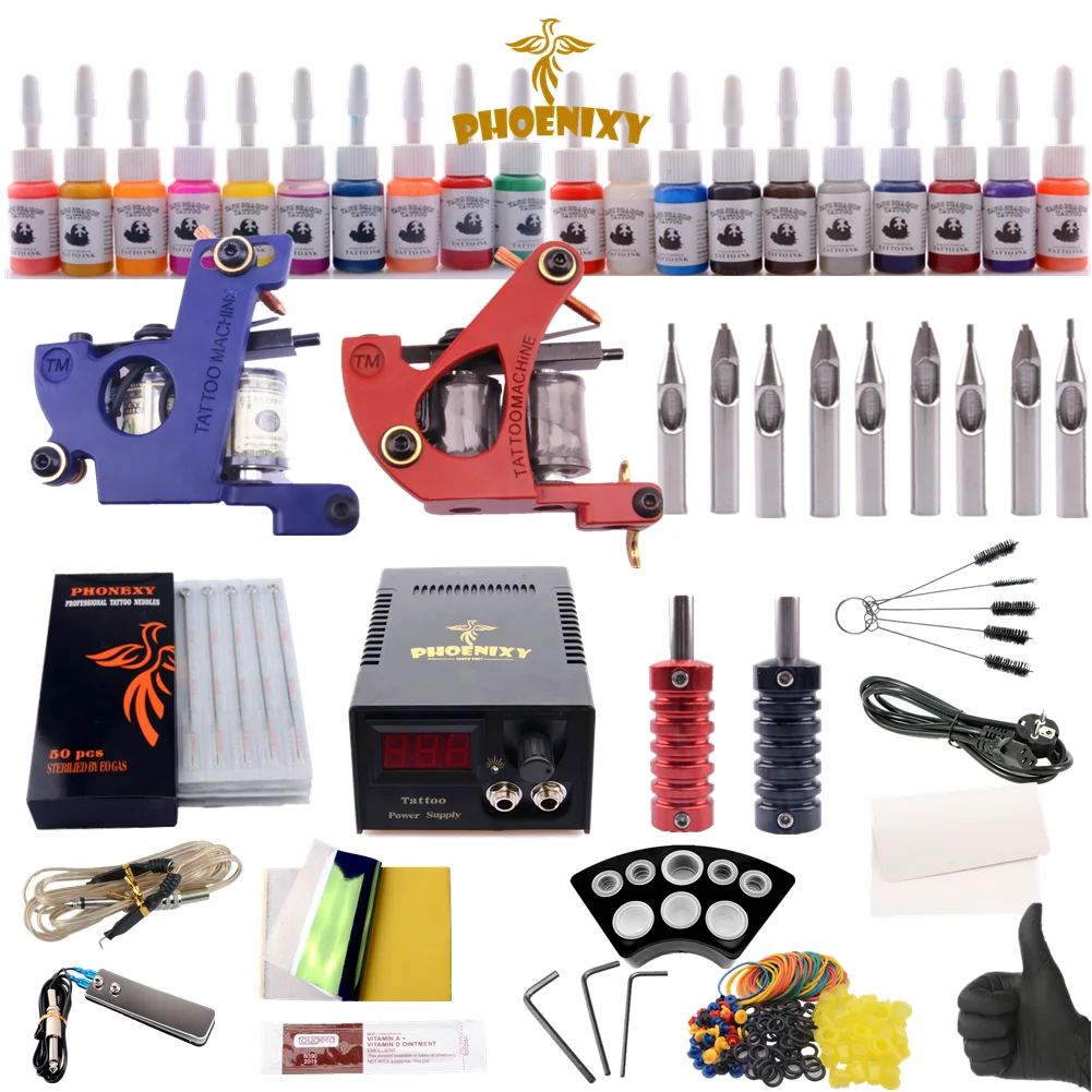 Professional Tattoo Kit 2 Machine Gun 20 Color Inks Power Supply Complete Tattoo Kits