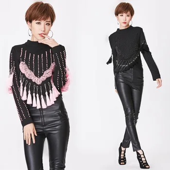 

#1477 Black Long Sleeve T Shirt Women With Pink Pearls Tassel Korean Style Fashion Short T Shirt O-neck Streetwear Tee Shirt