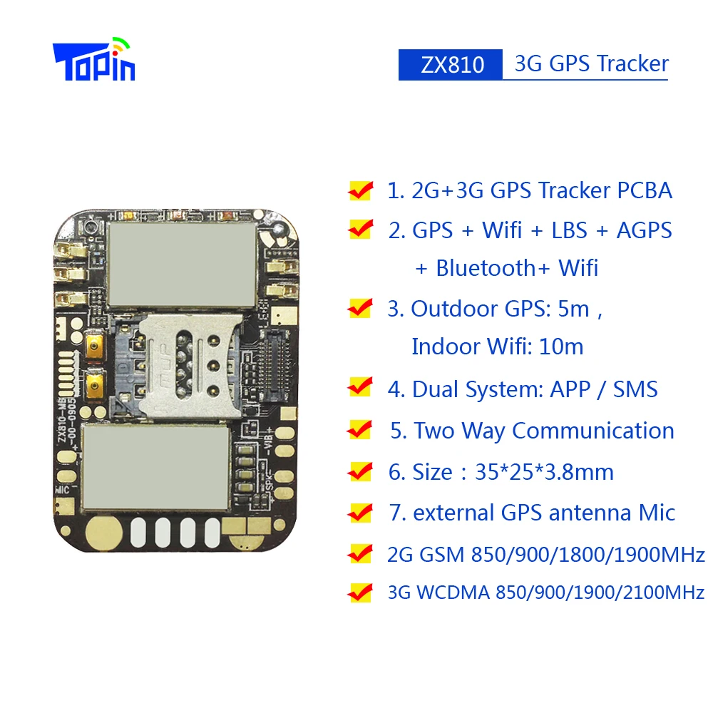Самый маленький GPS Трекер 3G ZX810 модуль PCBA Smart Android OS 2G GSM WCDMA M6580 SOS GPIO порт Wifi Bluetooth