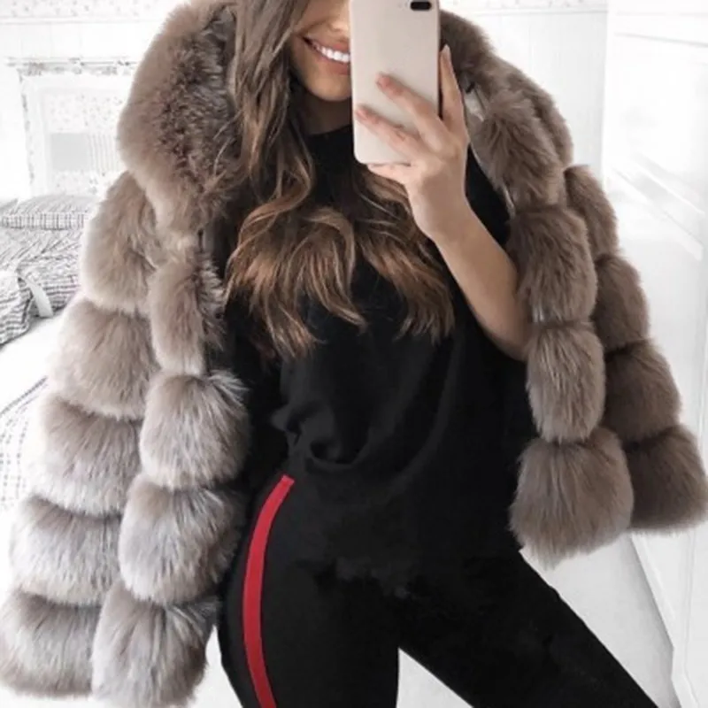 JRNNORV 2018 New Winter Coat Women Faux Fox Fur Coat Plus Size Women Stand Collar Long Sleeve Faux Fur Winter Outerwear BA0566