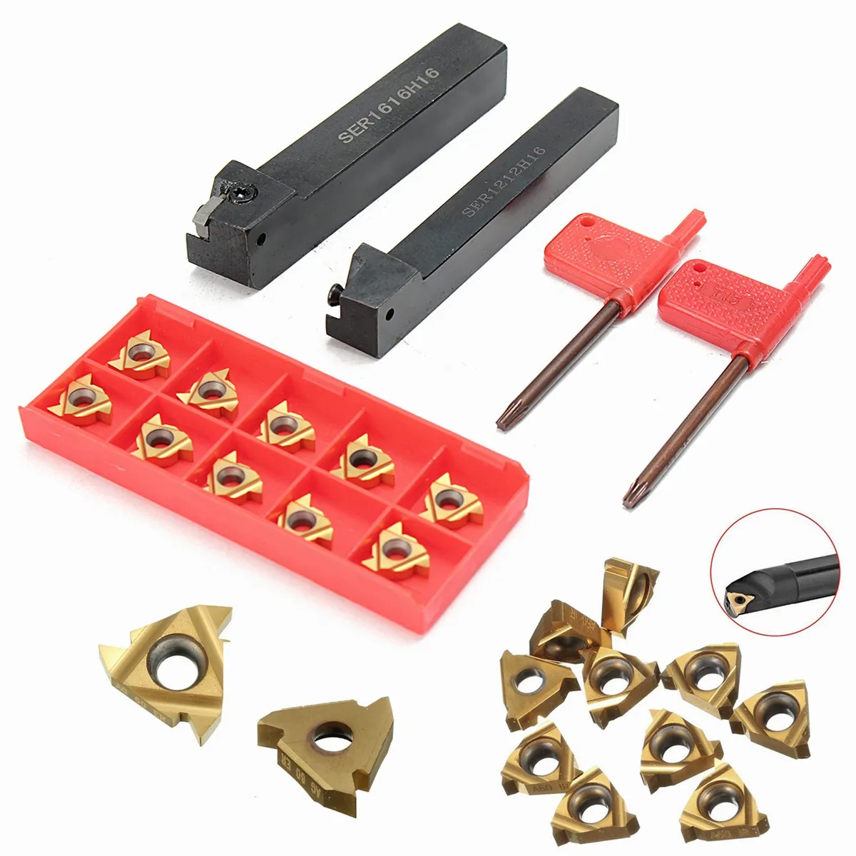 

SER1616H16+SER1212H16 Boring Bar Lathe Turning Tool Holder with 10Pcs 16ER AG60 Carbide Inserts Blade Set with Wrenches