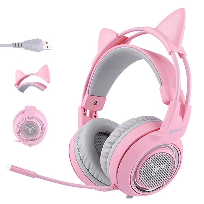 SOMIC G951 розовые наушники с кошачьими ушками виртуальная 7 1 шумоподавление игровые