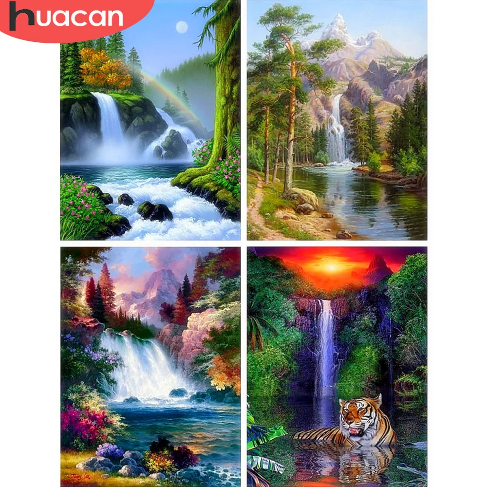

Huacan Diamond Mosaic Scenery Picture Rhinestones Cross Stitch Diamond Embroidery Waterfall Full Square Crystal Home Decoration