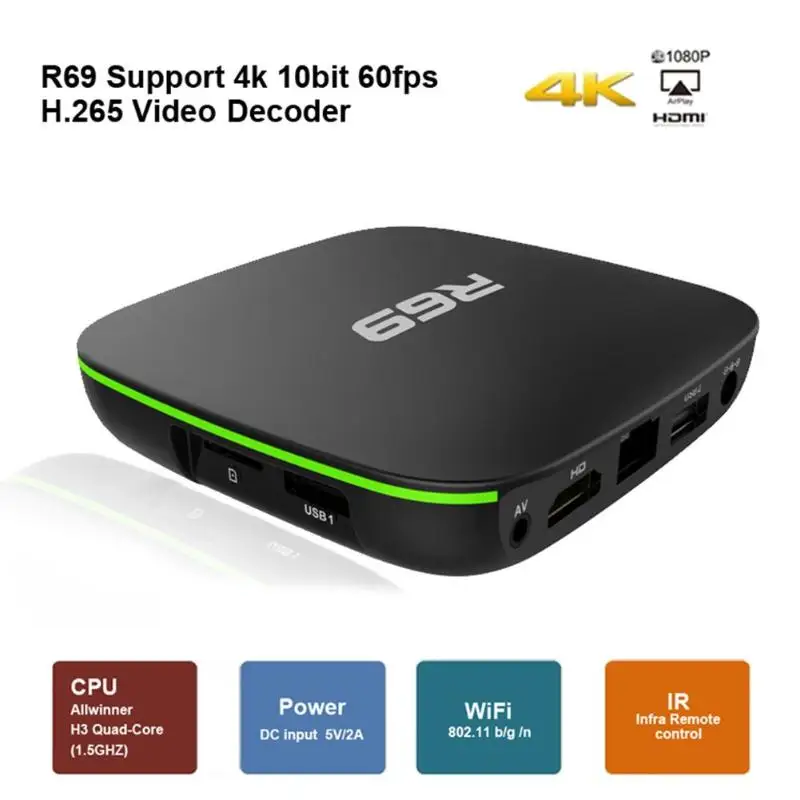 ТВ приставка R69 на Android 7 1 с 4 ядерным процессором Wi Fi DDR3 + 8/2 ГБ|ТВ-приставки и