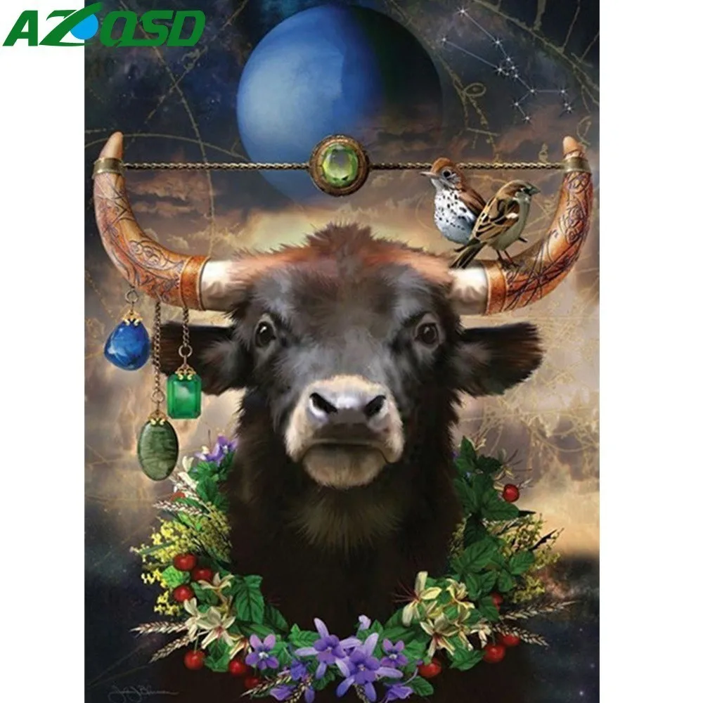 

AZQSD Diamond Painting Cross Stitch Animal Handmade Full Kits Diamond Embroidery Bull Head Gift Living Room Decor Mosaic