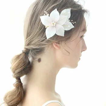 

Real Silk Handmade Headpiece Pearl Wedding Hair Jewelry For Girls Pink Flower Women Hair Accessories