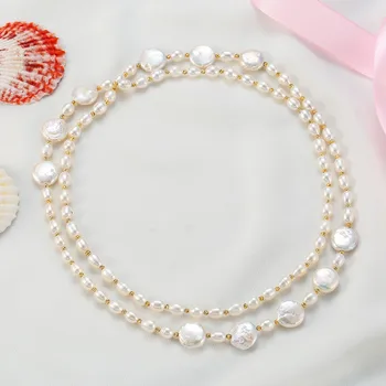 

Ambrum Valentine's Day Freshwater Pearl Beads Chain Necklace,Rice Pearls Copper Pearls Sweater Chain Necklace Women Jewelry