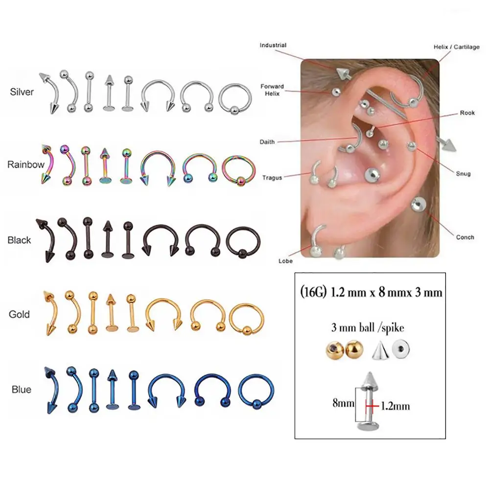 

8Pcs Mixed Style Lip Tongue Eyebrow Nose Ring Barbell Body Piercing Jewelry