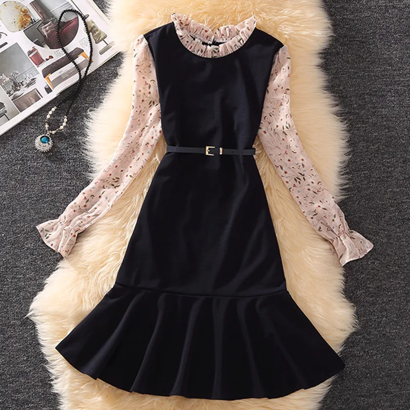 

Spring 2019 Women Elegant Ruffle Patchwork Print Long Sleeve A-line Slim Casual Dress Party Out Going Beach Vacation Summer