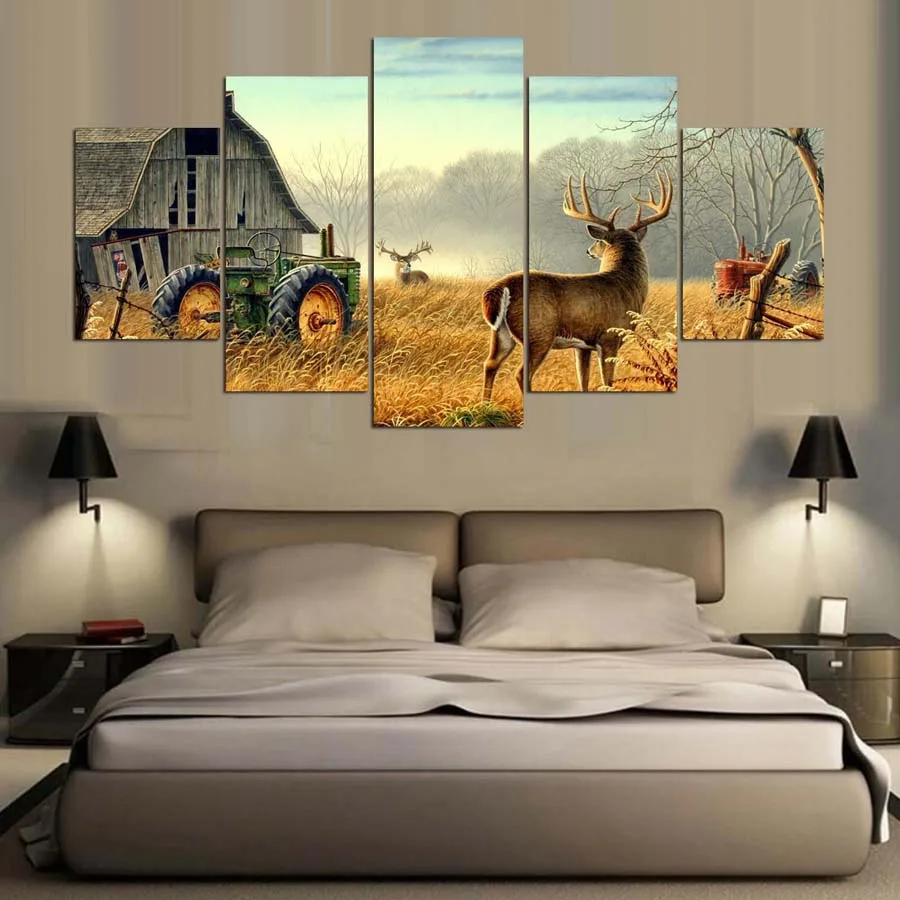 

5 piece canvas Animal Whitetail Deers On Farm wood house Tractor Canvas picture painting decor print poster wall art
