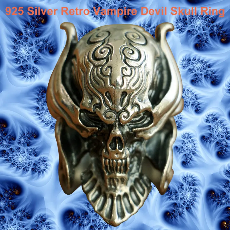

Huge Heavy Punk Rock Retro Fashion Mens Devil Skull Ring Solid 925 Sterling Silver Knight's Vampire Ring TA103 US Size 7~15