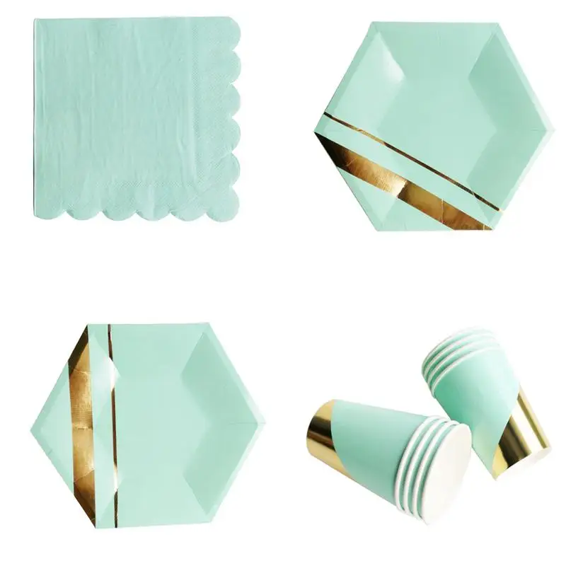 

Mint Green Hot Stamping Disposable Tableware Party Decoration Tissue Paper Cup Paper Tray For Wedding Party