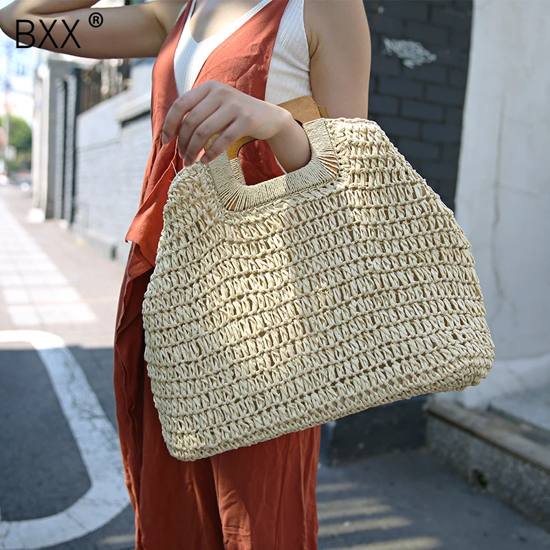 

[BXX] Women Street Fashion Bag Summer Beach Large Capacity Ladies Handbag Handmade Straw Bag Bohemian Rattan Travel Tote HE833