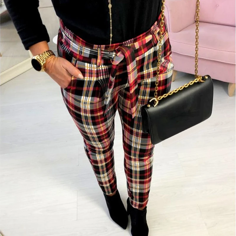 

New Women Fashion Plaid Printed Slim Pencil Pants Trousers Britches With Belt