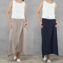 Женские льняные макси юбки с завышенной талией, однотонная Асимметричная юбка с подолом, женские вечерние пляжные юбки, повседневные свободные юбки, 5XL