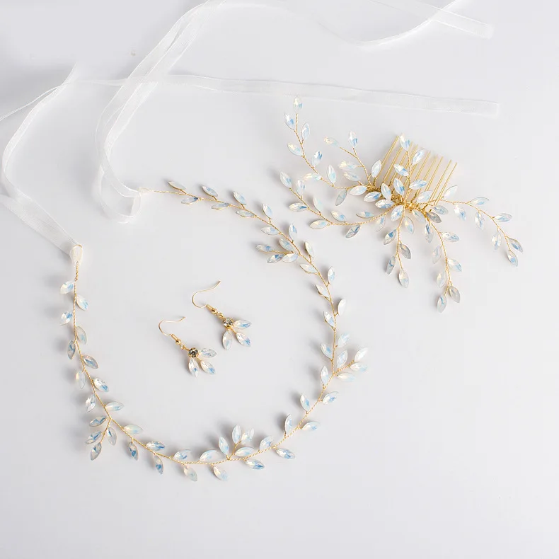 Rosebridalpark невесты опал принцесса свадьба ручной работы Оголовье Тиара Свадебные аксессуары золотой гребень для волос головной убор сережки 338