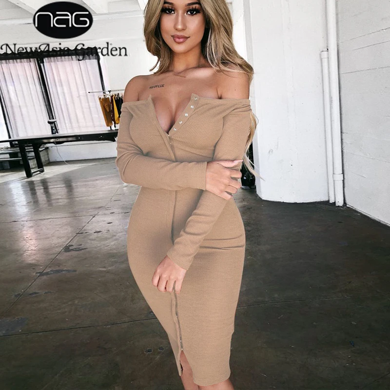 

NewAsia Sexy Off Shoulder Button Bodycon Dress Vintage Single Breasted Ribbed Knit Women Dress Slash Neck Party Casual Dress New