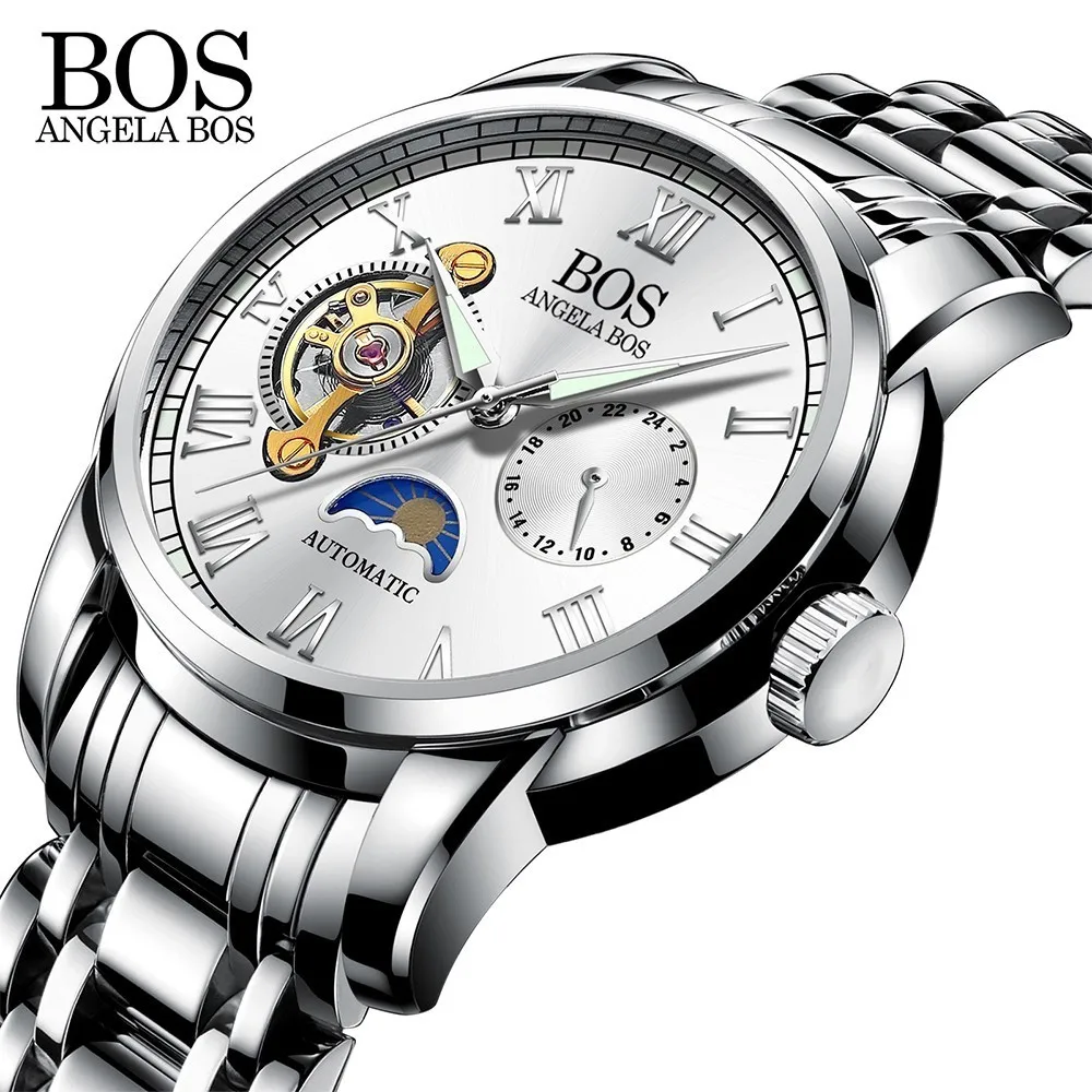 Анжела BOS черный механические Автоматические часы для мужчин Moon Phase световой нержавеющая сталь водостойкий лучший бренд класса люкс часы 2018