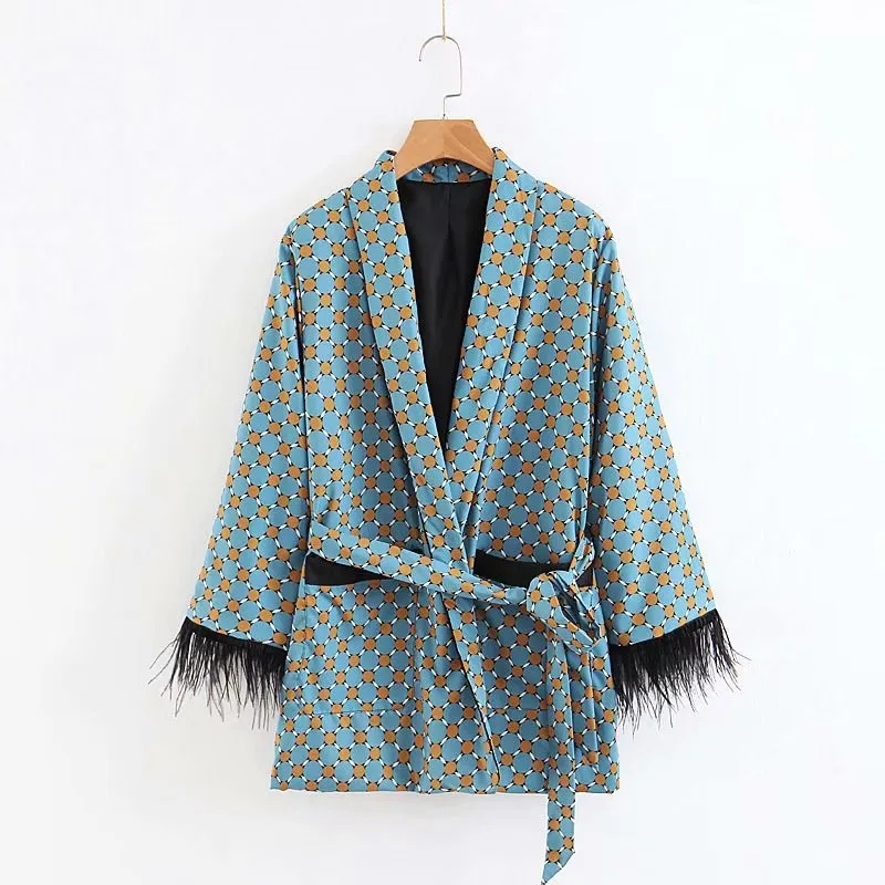 2019 New Arrival Women Blue Printed Kimono Jacket Sets Casual Loose Wide Leg Trousers and V-Neck Vintage Tassel Clothing Suits