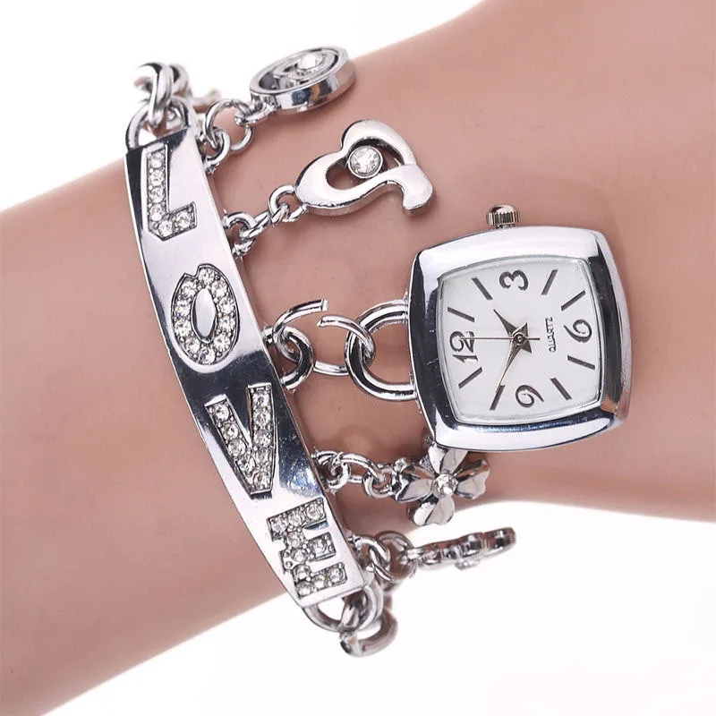 

Fashion Women Love Rhinestone Chain Bracelet Wrist Watch Square Watch