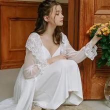 Комплект из двух предметов, Женская кружевная Пижама, прозрачная ночная одежда, домашний халат, кимоно, платье, набор, ночная сорочка, пеньюар, наборы