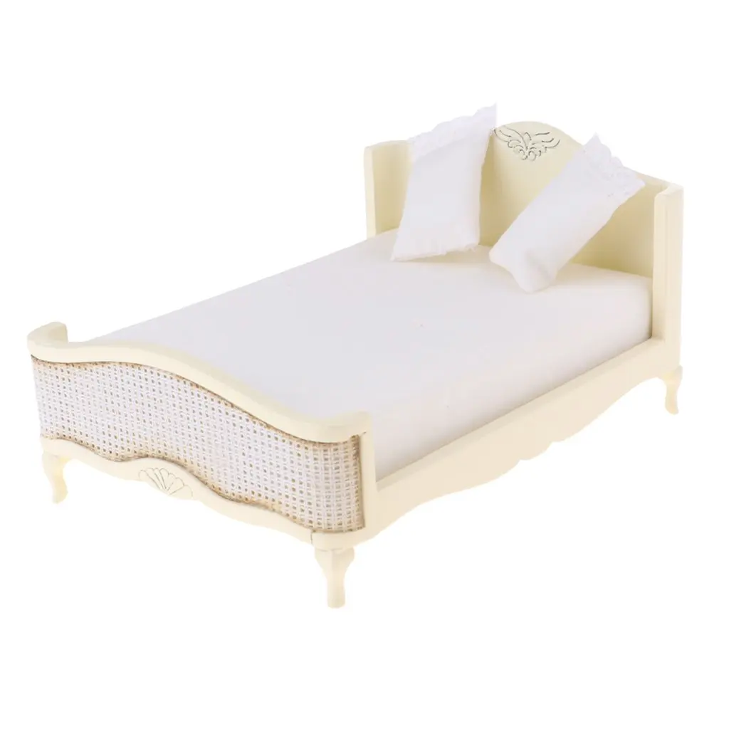 

1:12 Scale Dollhouse Furniture Wooden Double Bed with Mattress Pillow Miniature Doll House Accessories Decoration Children Toys