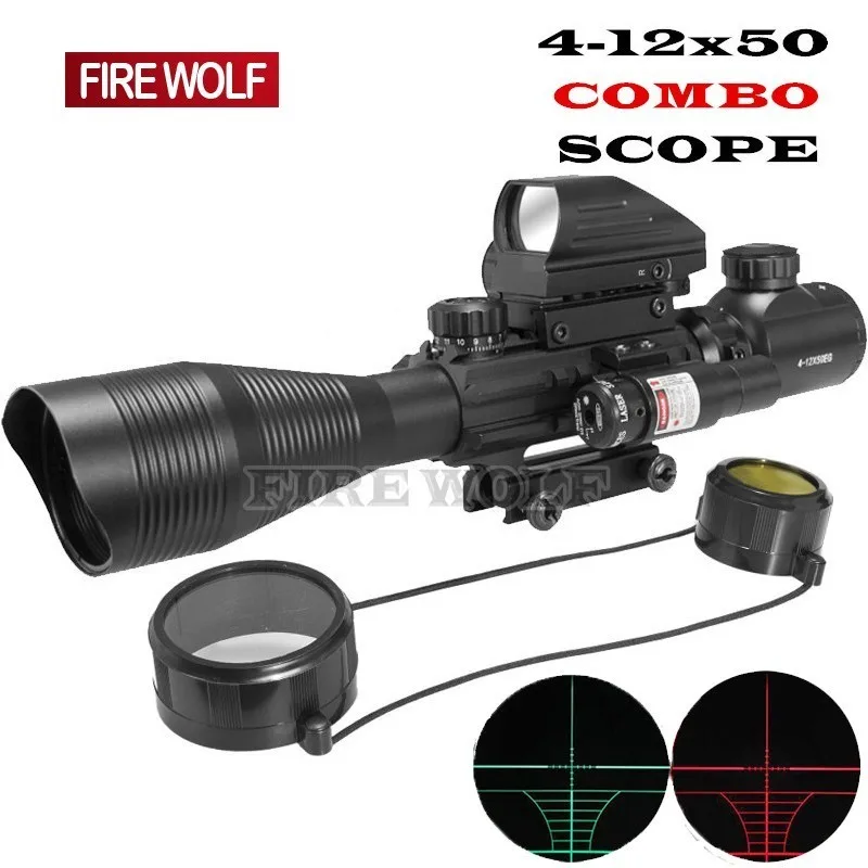 

4-12x50 Illuminated Rangefinder Reticle Rifle Scope Holographic 4 Reticle Sight 11mm 20mm Red Laser Combo Riflescope