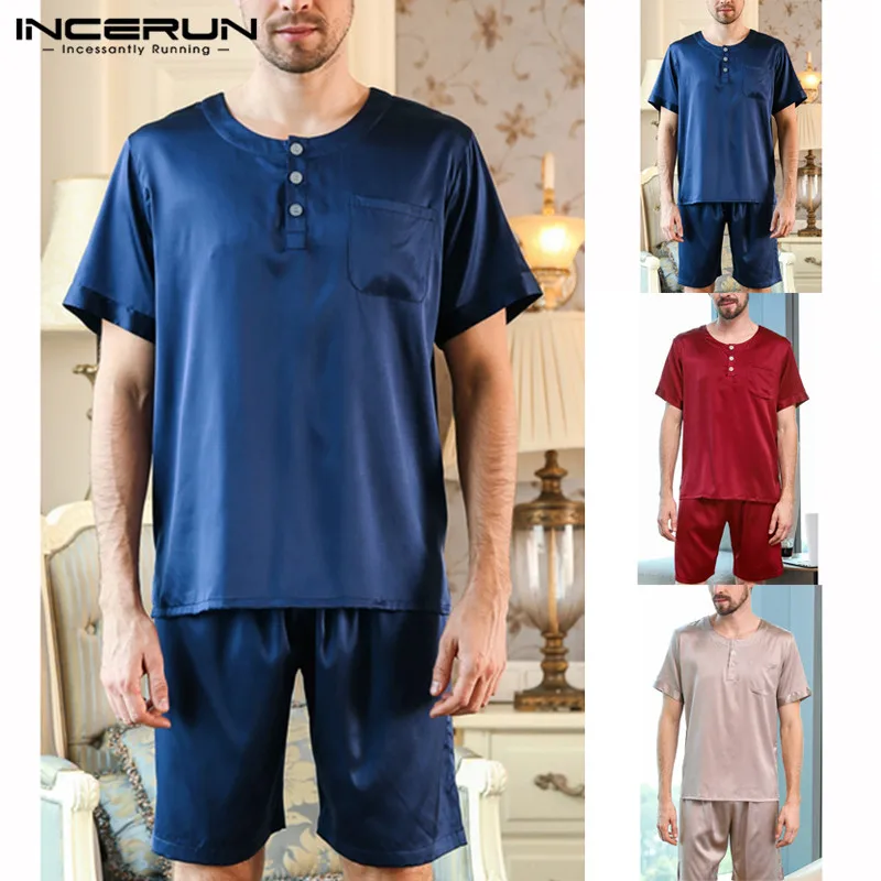 INCERUN Лето шелковый атлас Для мужчин пижамный комплект топы с короткими рукавами пижамы костюм ночная рубашка Мягкие Шорты домашняя пижама