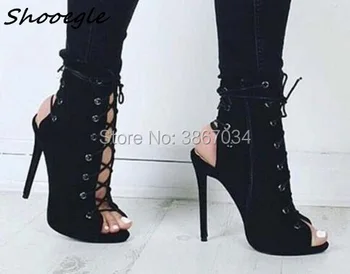 

SHOOEGLE Sexy Women Gladiator Ankle Boots Cross Tied High Heels Hollow Outs Stilettos Peep Toe Short Booties Summer Sandal Boots