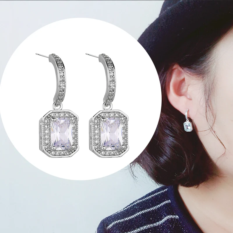 

Trendy Silver Color Square Crystal Hook Earrings for Women Shiny Cubic Zirconia Dangle Earrings Ear Hook Jewelry Accessory