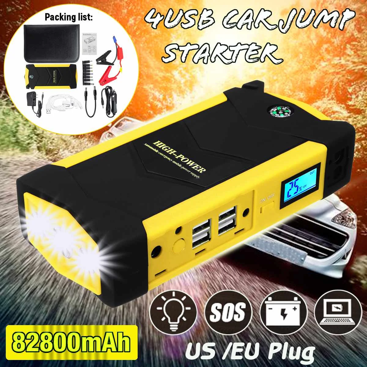 

82800mAh Waterproof Emergency Car Jump Starter Starting Device Power Bank Portable 4USB 12V 600A Car Charger Car Battery Booster