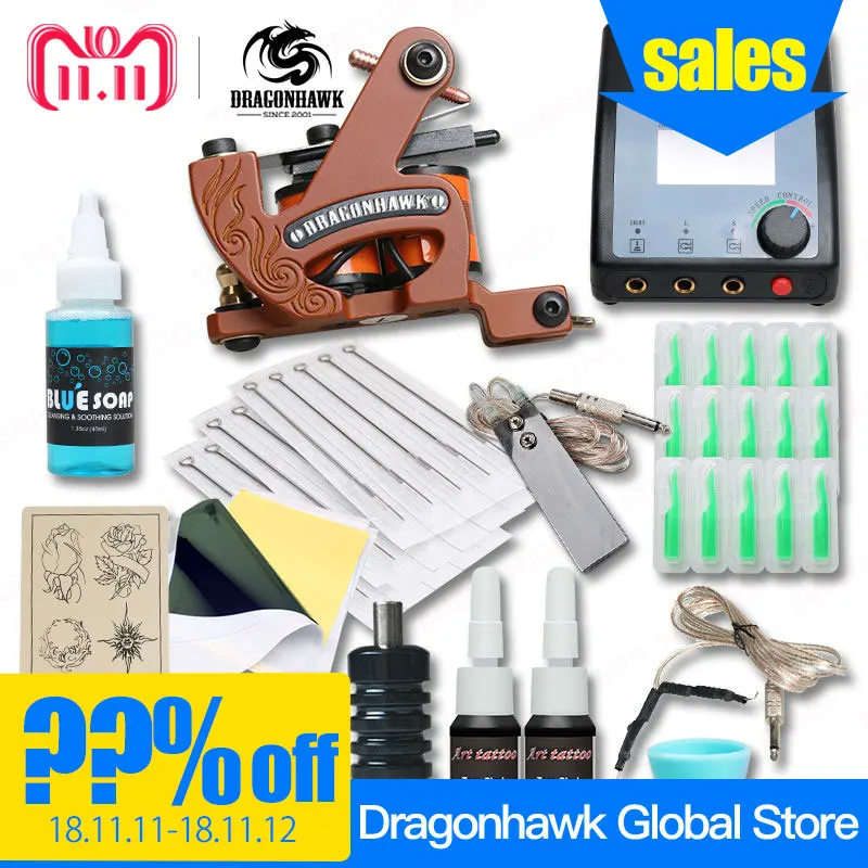 

Newest Complete Tattoo Kit Professional Coloring Machine Tattoo Set Grips Needles Tips Supplies