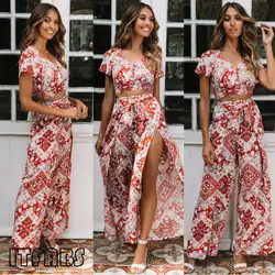 Брюки 2019 новые женские Boho Длинные брюки с высокой талией СПЛИТ цветочные брюки повседневные пляжные свободные широкие брюки