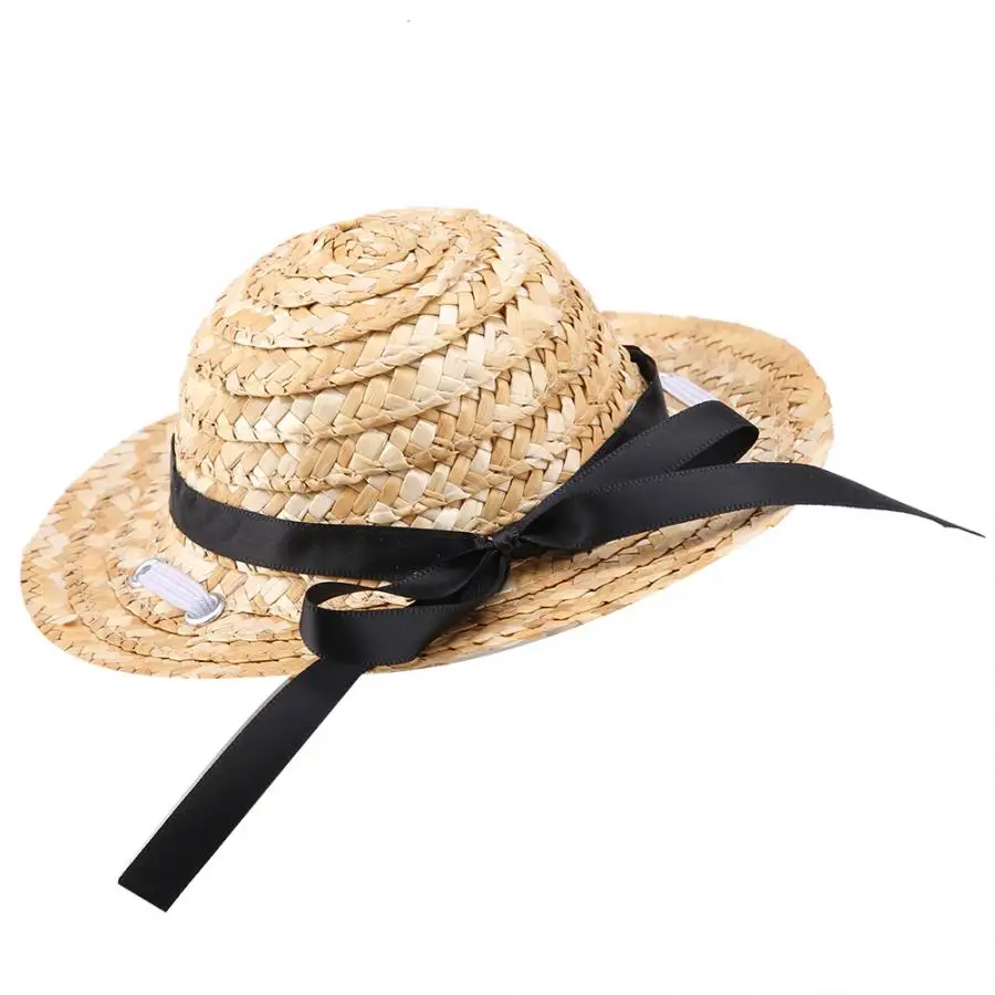 Соломенная мини шляпа Sombrero для маленьких питомцев/щенков/кошек с шелковой лентой