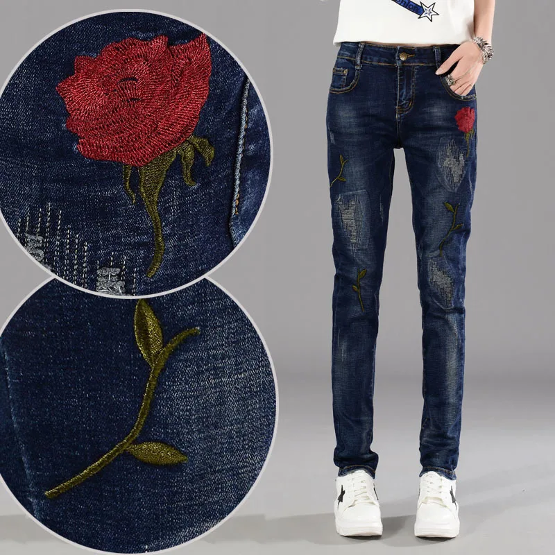 

2019 New Fashion Spring Autumn Cotton Jeans Women Loose Mid Waist Vintage Rose Embroidery Long Denim Pencil Pants