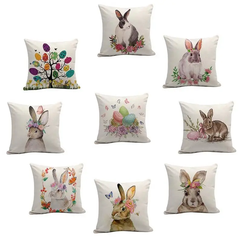

18 Inch Sofa Pillowcase Emotion Easter Rabbit Durable Cotton Linen Throw Pillow Cushion Cover Spring Daily Home Decoration