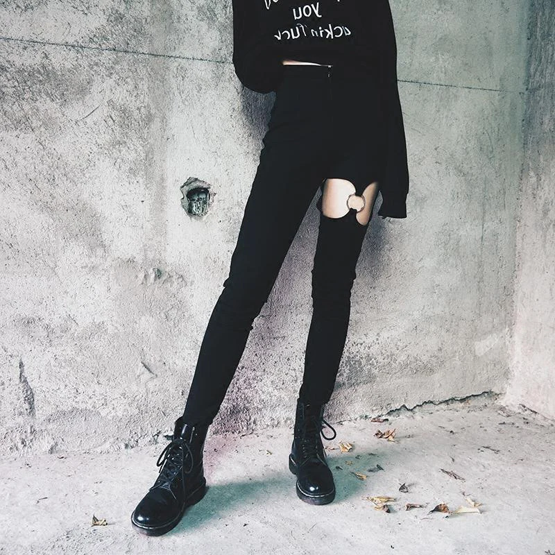 

Skinny Pencil Pants Women Big Broken Hole Leggings High Waist Stretchy Trousers Female Streetwear Bottoms Autumn Winter Pantalon