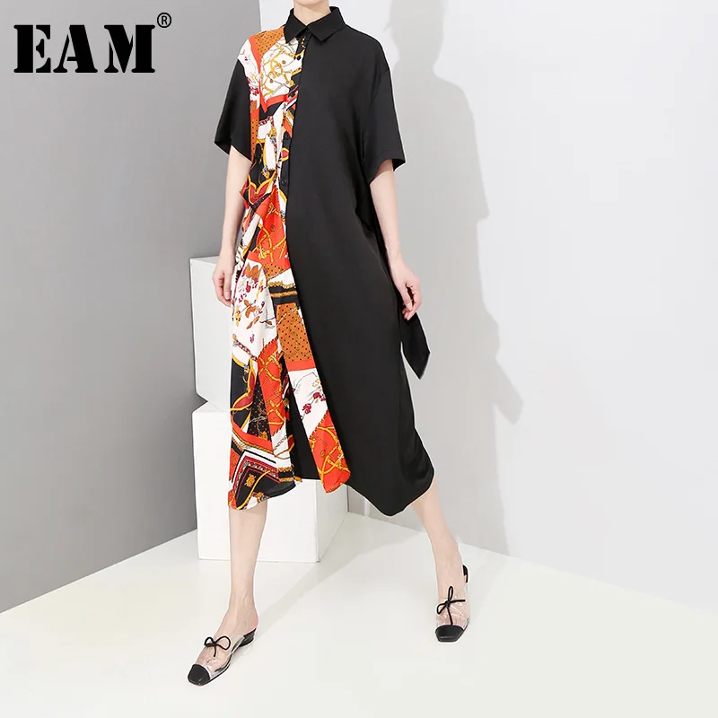 

[EAM] 2019 New Spring Summer Round Neck Short Sleeve Half Side Pattern Printed Bandage Big Size Shirt Dress Women Fashion JS336