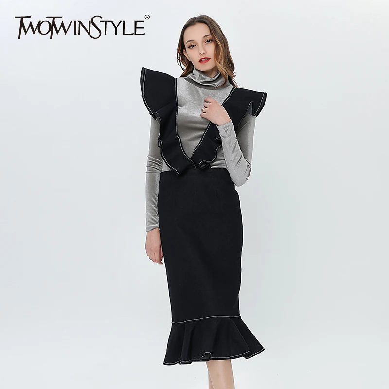 Женская джинсовая юбка Русалка TWOTWINSTYLE облегающая средней длины с высокой талией