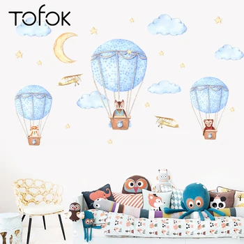 

Tofok Cartoon Animals Hot Air Balloon Wall Stickers Creative DIY Children Room Removable Decor PVC Waterproof Self- Adhesive