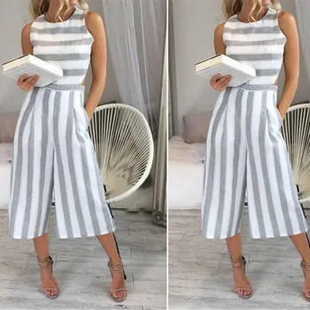 

2019 Hot Sale 5 Colors Sleeveless Wide Leg Pants Striped Bodysuits Pockets Female Summer Beach Casual Loose Thin Jumpsuits