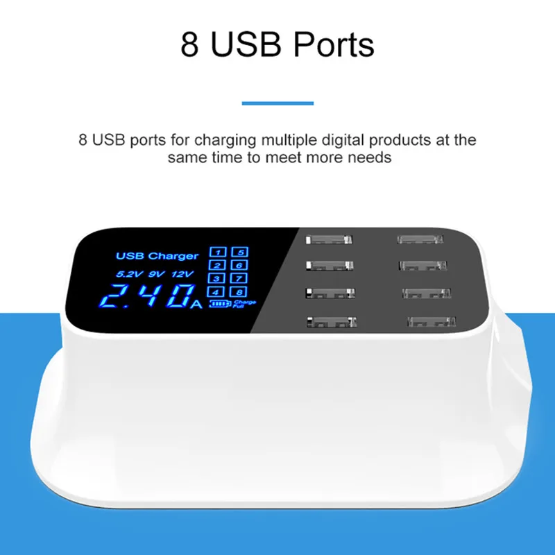 Mobile Phone Tablet Charger Universal 8 Ports Smart USB Charger Hub Dock station LED Display Desktop Power Adapter Socket Strip